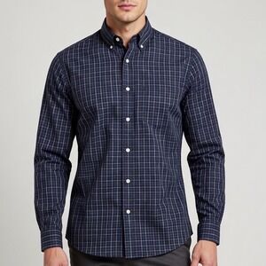 Duluth Trading Co Mens Large Navy Blue Grid Plaid Cotton Button Down Shirt L